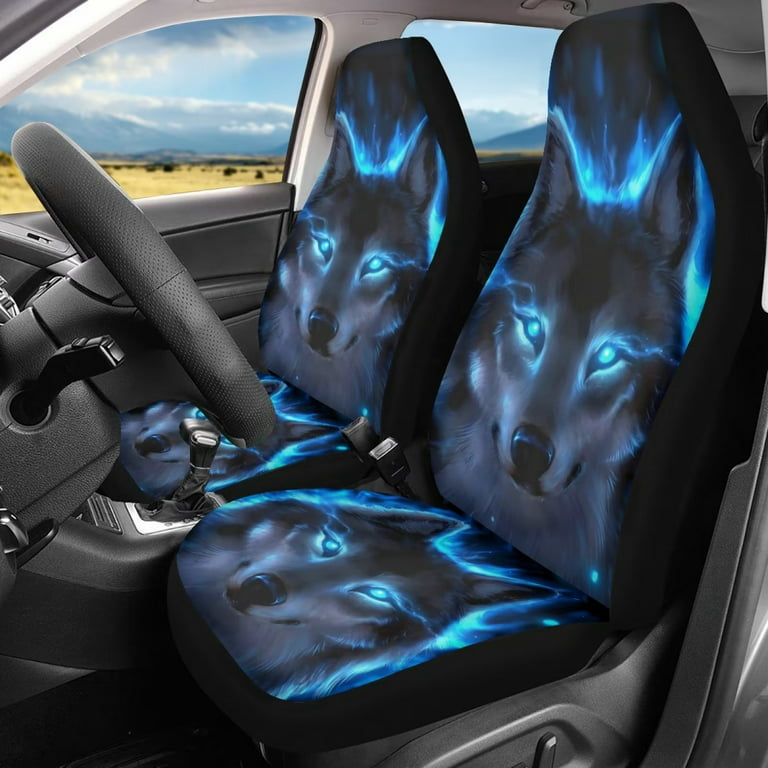 FKELYI Blue Flame Wolf Cool Car Seat Covers,Universal Front Split Bench  Driving Auto Seat Covers with Polyester Fiber,Cool Interior Accessories Set  for Women Men,Fit for Vehical Cars 