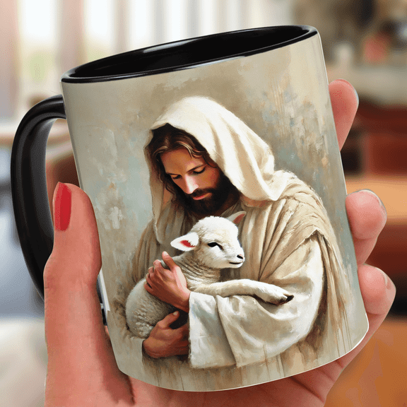 Lotusprinthandmade Christian Jesus And Lamb Accent Mug (11oz) (Made In US) – Jesus Faith Mug