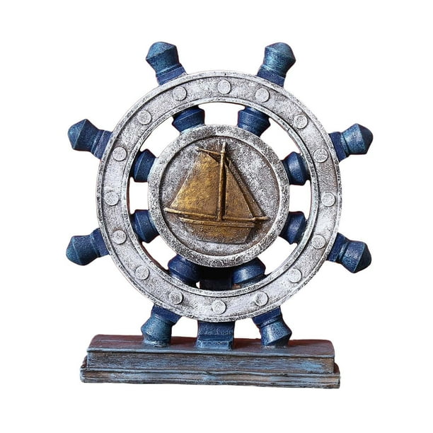 Escultura de timón de barco, timón náutico, figura de resina, estatua artesanal Azul
