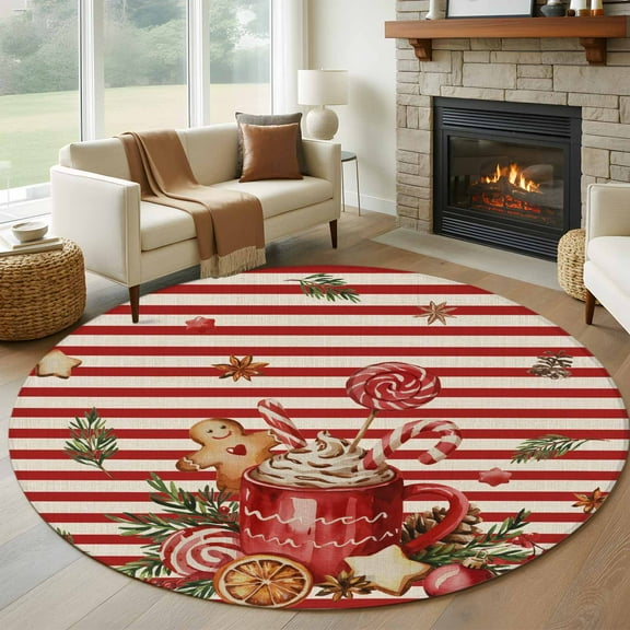 Christmas Gingerbread Round Rug 5ft Washable Circle Kitchen Rugs Non Slip Winter Xmas Balls Candy Red Stripe Large Area Rug Indoor Floor Carpet for Bedroom Living Room Home Office Dining Room Nursery