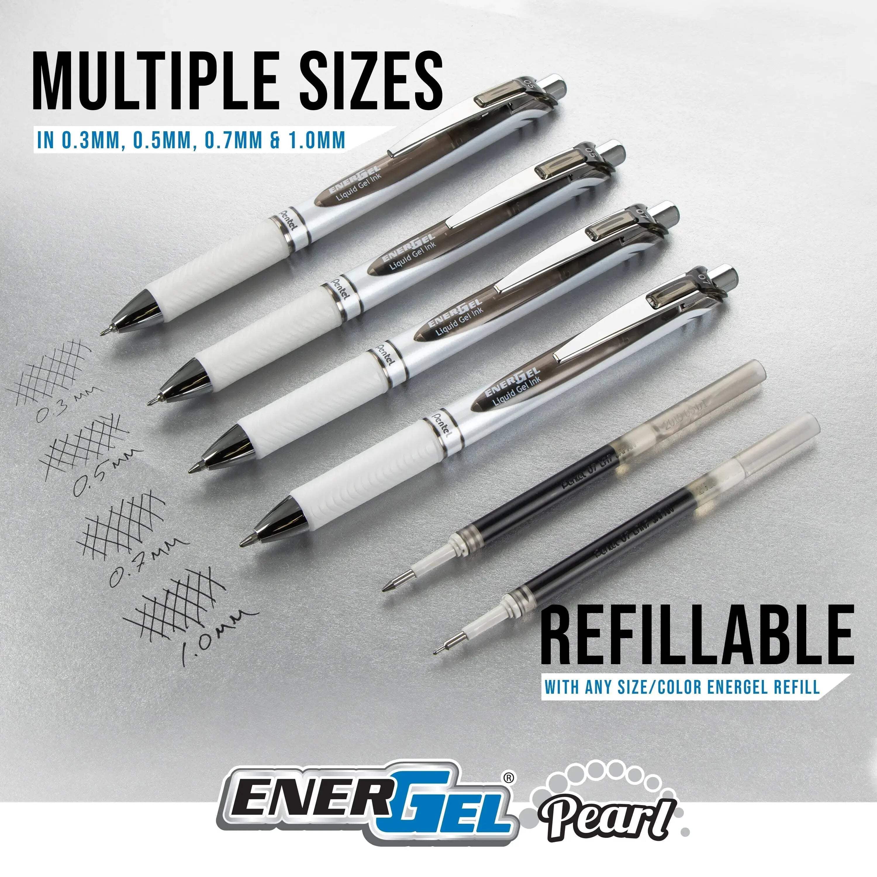 Pentel EnerGel RTX Pearl Liquid Gel Pen, (0.5mm) Needle Tip, Fine Line, Asstd. Ink, 12-Pk