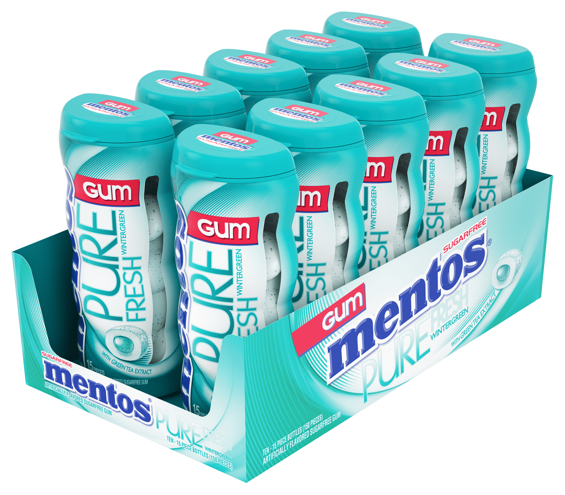 Mentos Pure Fresh Gum, Wintergreen, Sugar Free, 15 Pieces (Pack of 10)