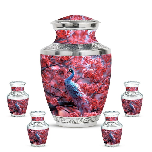 KARYLIZ Urns for Human Ashes Adult Female Peacock - Pink Flowers Large Cremation Urn for Male - Small Decorative Urns for Mom - Funeral Keepsake Urn for Man & Women