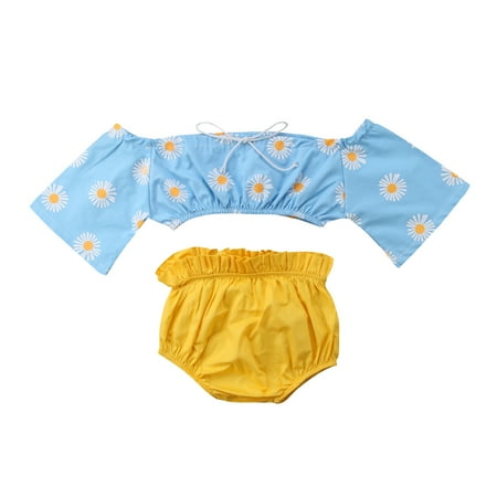 

Toddler Girlacute;s 2Pcs Outfit Sets Short Sleeve Off Shoulder Daisy Print T-shirt + Yellow PP Shorts