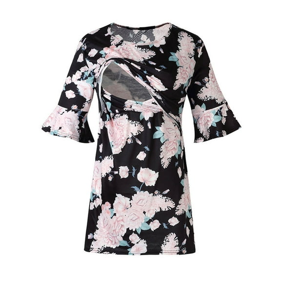 BLTIBY Breastfeeding Shirts for Women Maternity Womens Nursing 3/4 Sleeve Round Neck Striped Fashion Blouse Black XL