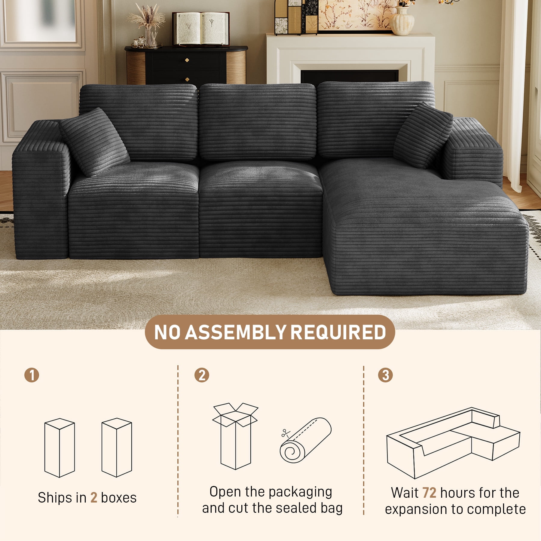 Wiilayok 109" Cloud Sectional Couch with L-Shape Chaise,Modern Modular Sofa with Deep Seat, Comfy Boneless Upholstered Couches for Living Room Bedroom,Deep Gray