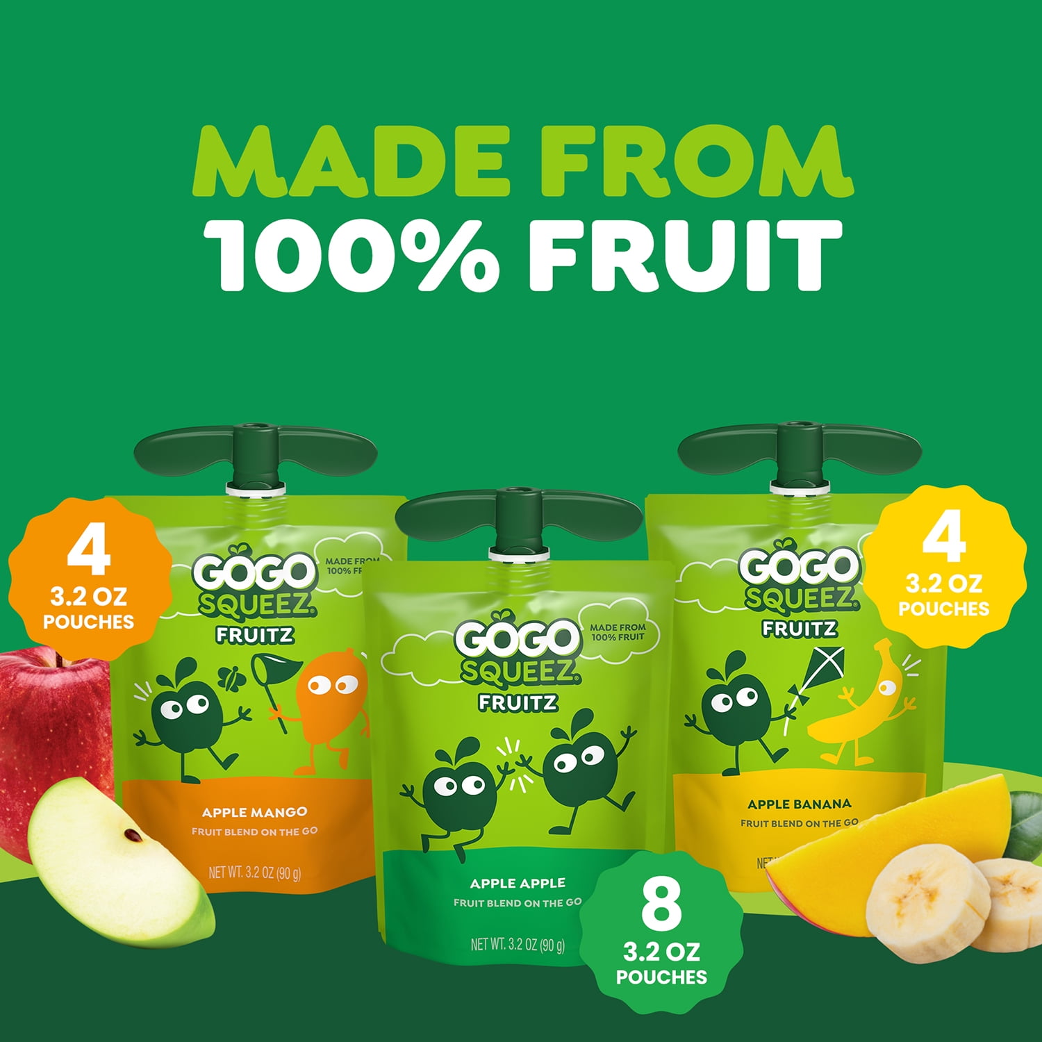 GoGo squeeZ No Sugar Added Apple Mango Banana Applesauce Variety Pouches, 3.2 oz (16 Pack)