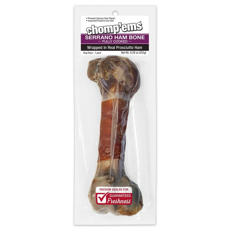 Chomp ems Serrano Ham Bone Wrapped With Prosciutto 1 Pack Healthy Protein Rich Treats for Dogs Long Lasting Dog Chews