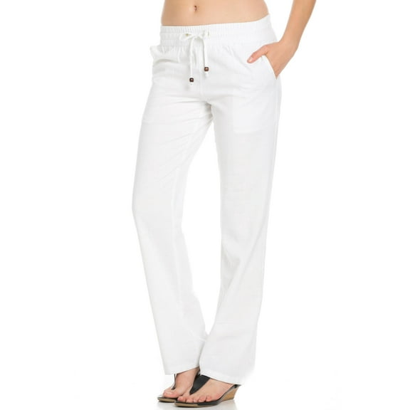Comfy Drawstring Linen Pants Long with Band Waist (White)