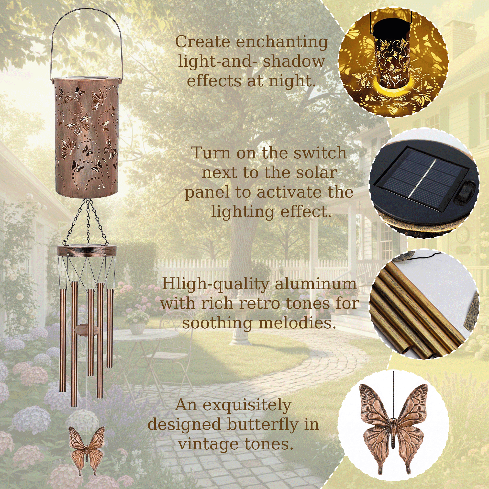 KEYAHAPPY Solar Wind Chimes for Outside, Windchimes Outdoors Solar Powered Lights for Garden Decor, Memorial Wind Chimes for Patio Porch Lawn Yard Decorations Outdoor,Butterfly