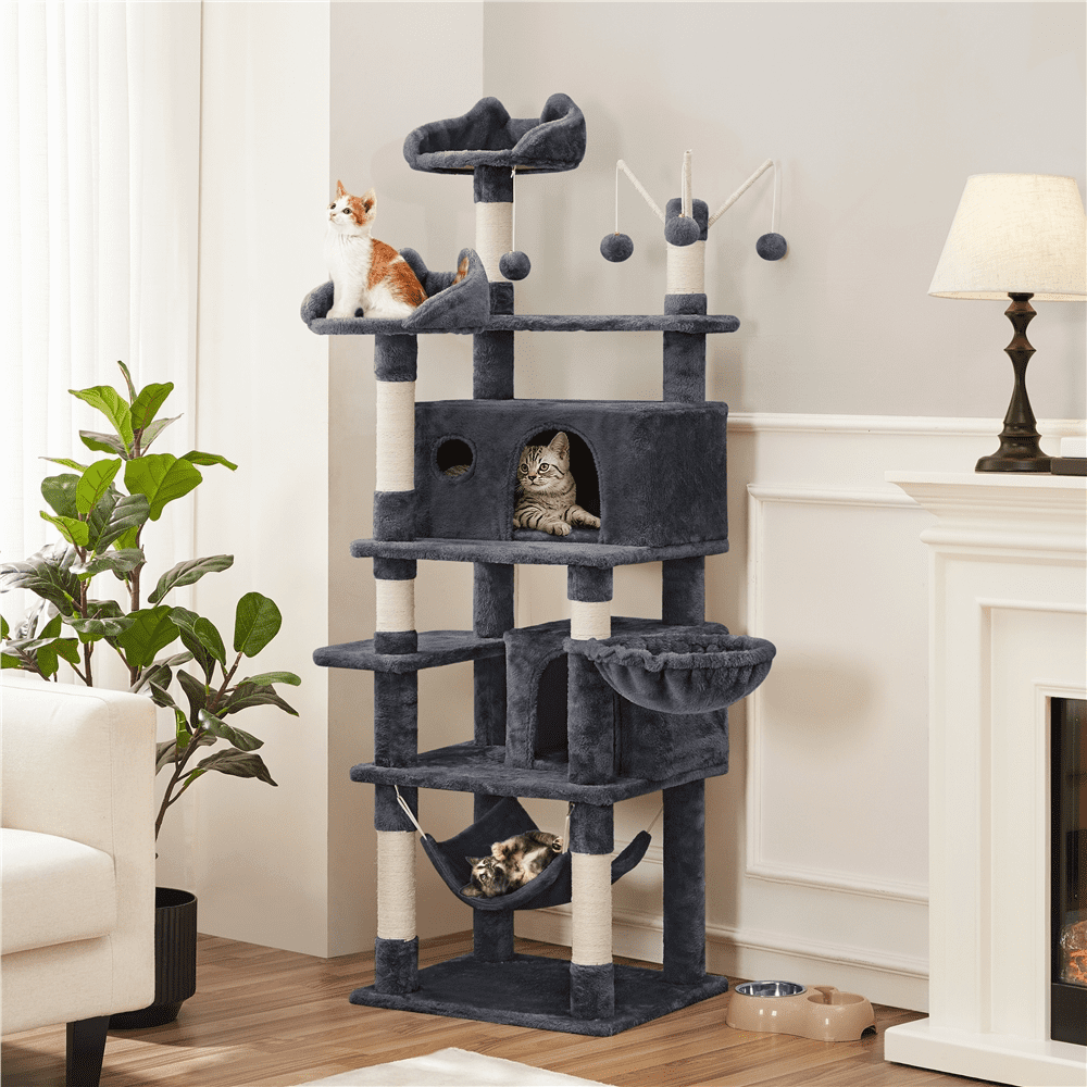 Alden Design 67" H Multi-Level Cat Tree Tower with 2 Cat Condos & Hammock Basket, Dark Gray