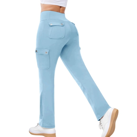 Arlun Yoga Flare Pants for Women High Waisted Drawstring Workout Casual Cargo Leggings with Multiple Pockets Stretchy Lightweight Soft Comfy Bootcut Pant Light Blue XL