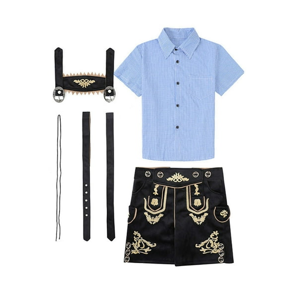 Mercatoo 𝐎ktoberfest Outfits 3PCS Kids Boy German Bavarian Lederhosen 𝐂ostume Pants   Plaid Button Shirt   Decorate Sets