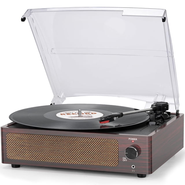 Tocadiscos Tocadiscos vintage de 3 velocidades, inalámbrico, madera, rojo