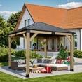 thumbnail image 2 of Aoodor 10 x 10 ft Wooden Frame Gazebo with Galvanized Metal Hardtop Roof, Outdoor Patio Gazebo with Charging Socket for Patio, Backyard, Deck, and Lawn, 2 of 9