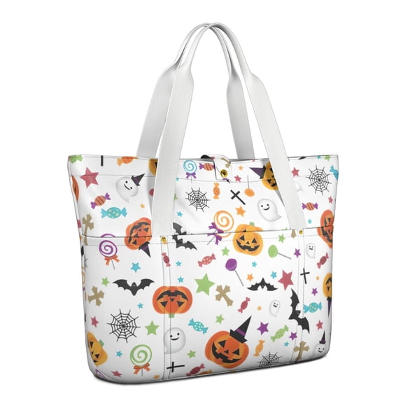 Tote Bag for Women - Playful Halloween Icons Pattern Shoulder Bag - Large Utility Work Duffle Bag with Zipper Handbag for Travel, Work, Sprots