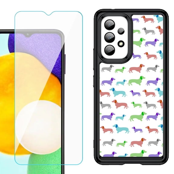 Shockproof Bumper (Black Frame) phone Case for Samsung Galaxy A23 5G, with Tempered Glass Screen Protector, by OneToughShield ® - Colorful Dachshund/Puppy
