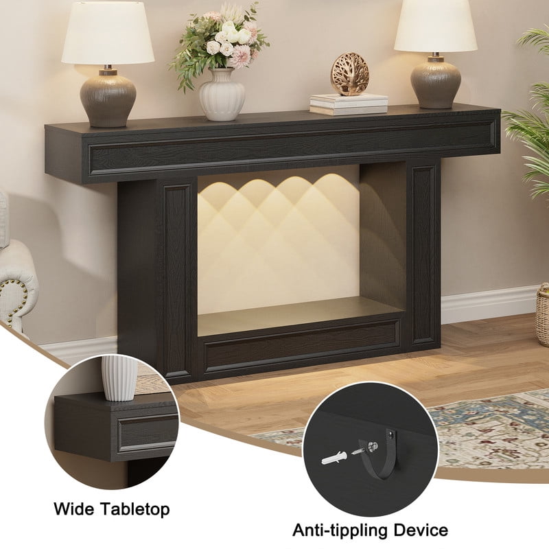 PLAMLE 63 Inch 2-Tier Console Table with Sensor Lights, U-Shaped Base Sofa Table for Entryway, Hallway, Living Room, Foyer, Narrow Small Spaces