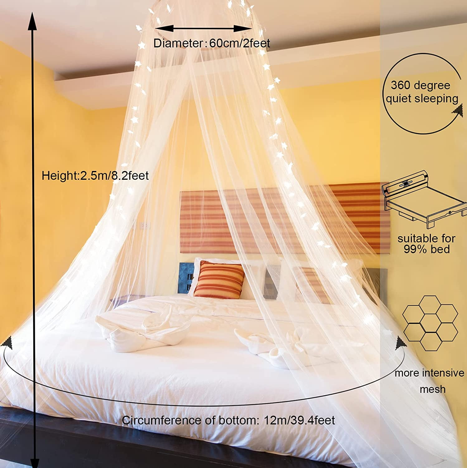 Bed Canopy with LED Star Lights, Princess Canopy Bed Curtain with 18 Colors Changing String Lights Remote Timer for Girls Bedroom, Pink Red Blue White Dome Canopy for Twin to King Size Bed
