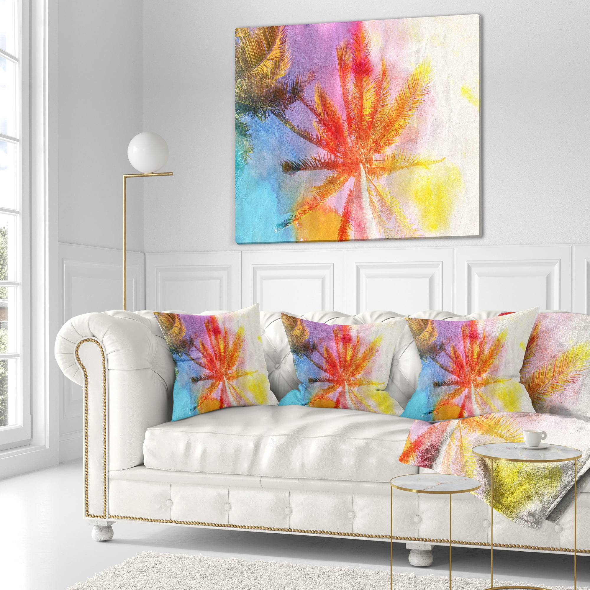 Designart Reflective Retro Palm Trees - Landscape Painting Throw Pillow - 16x16