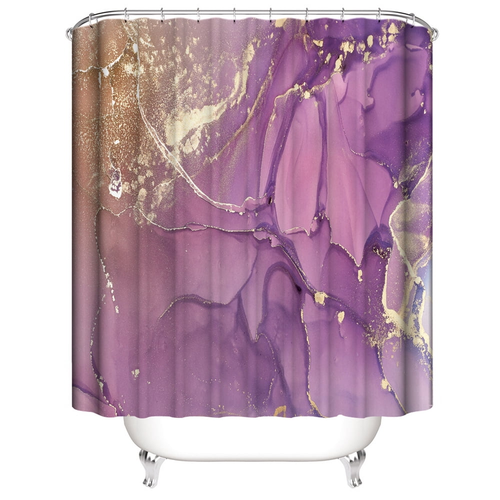 4 Pcs Bathroom Shower Curtain Set Purple Marble Pattern Bathroom Sets with Rugs (Bath Mat,U Shape and Toilet Lid Cover Mat) and 12 Hooks Machine Washable