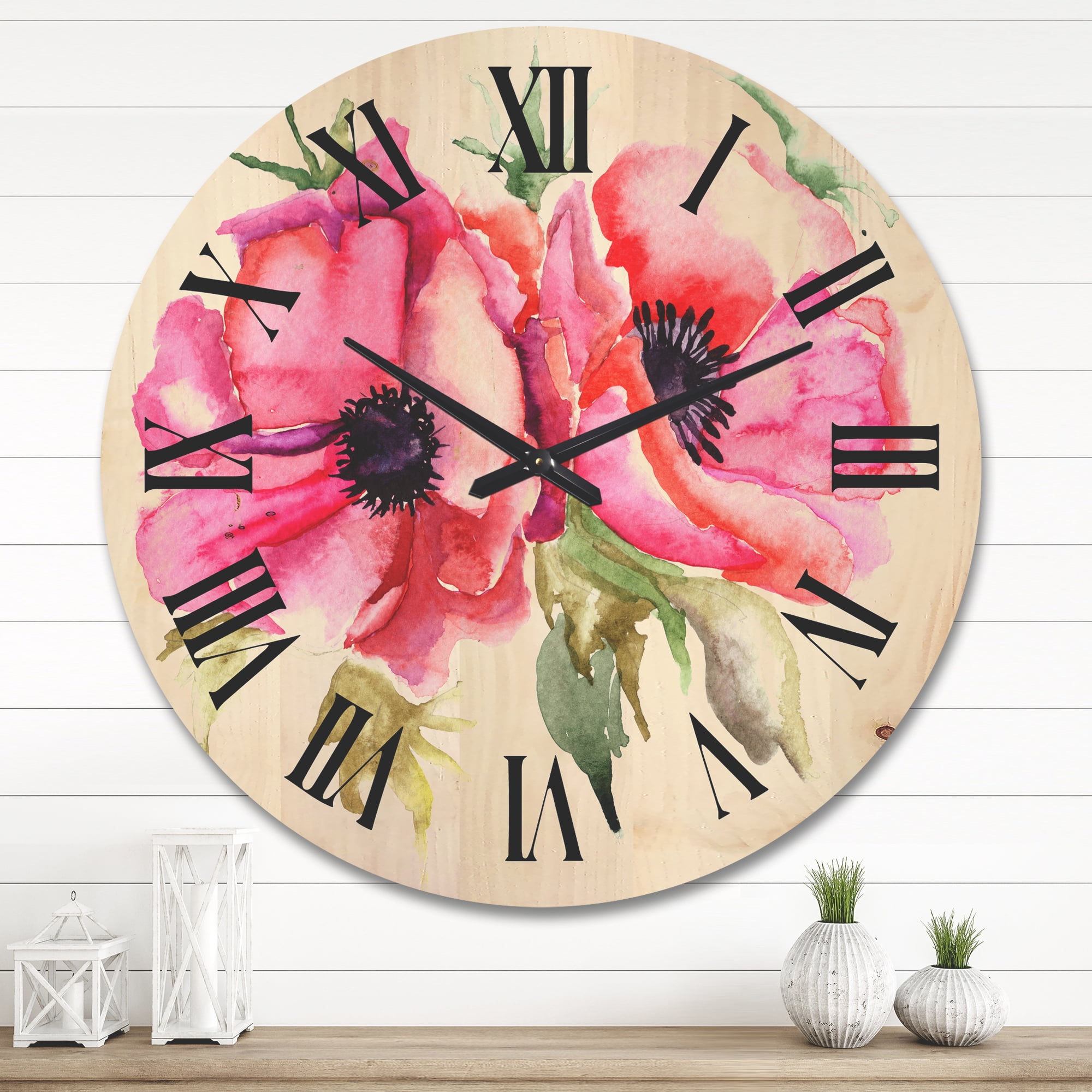 Designart 'Stylized Pink Poppy Flowers' Traditional Wood Wall Clock