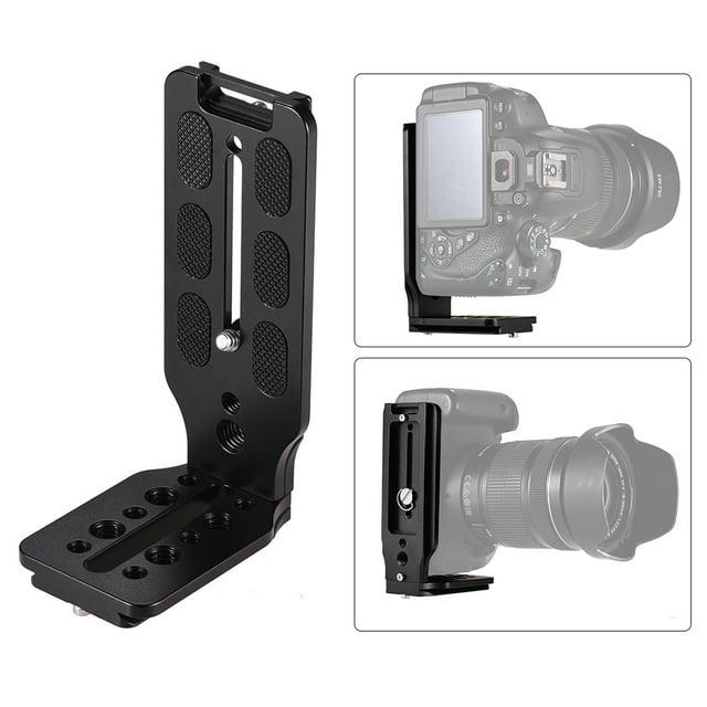 Placa de liberación rápida en forma de L, universal y compatible con estándar Arca-Swiss, fabricada en aleación de aluminio, compacta y ligera, ideal para trípodes y estabilizadores.