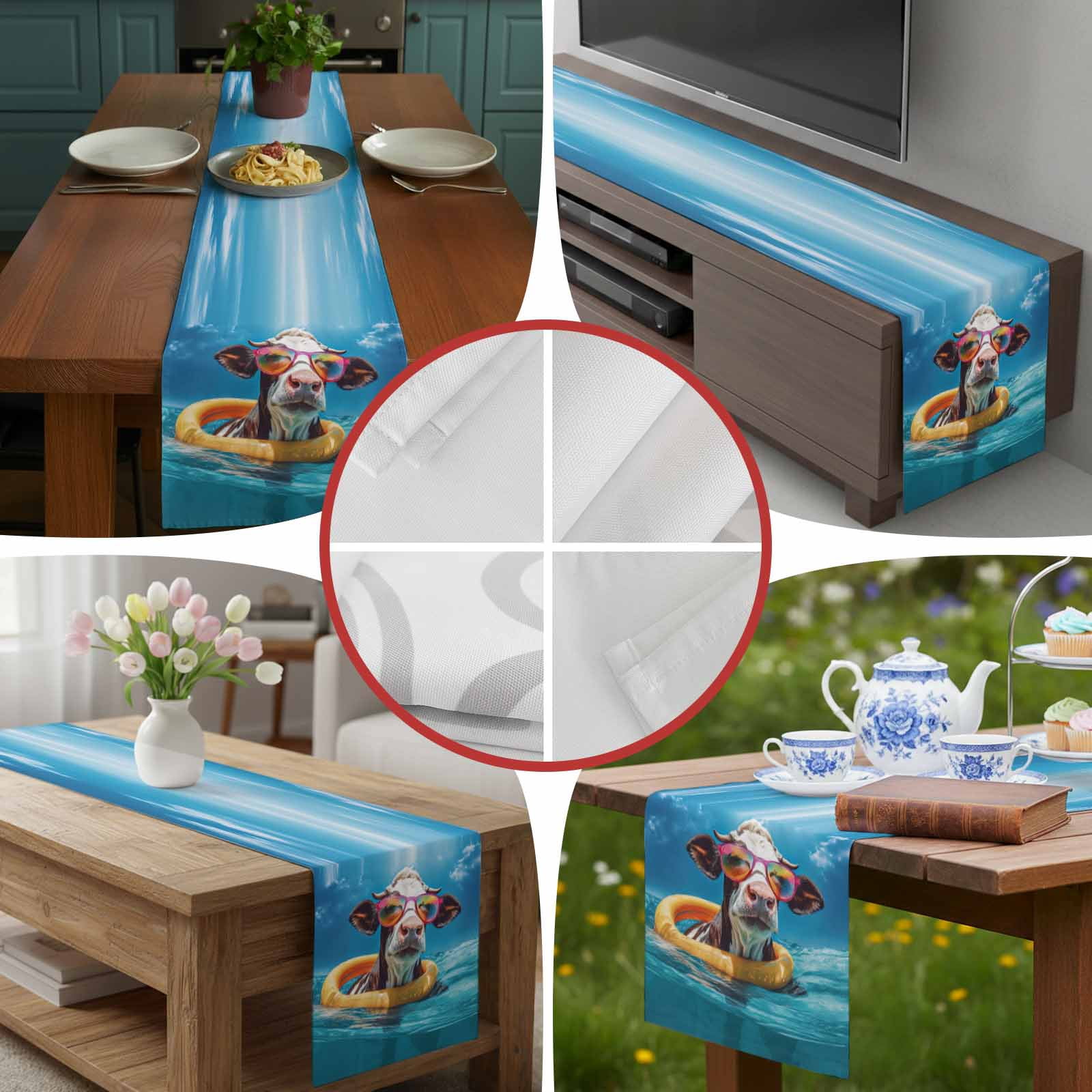 Sea Cow with Swimming Ring Sunglasses Table Runner 90 Inches Long, Summer Blue Sky Table Runners Tabletop Scarf Kitchen Dining Tables Decoration for Home Party Indoor Outdoor
