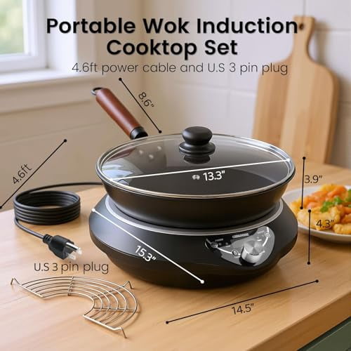 Abangdun Induction Wok Cooktop Set, 2026 New & Improved Electric Skillet Induction Burner w/Carbon Steel Wok, Glass Vented Lid, Rack, 176°F to 464°F, 18 Hrs Timer, Auto-off (Black 110V~120V)