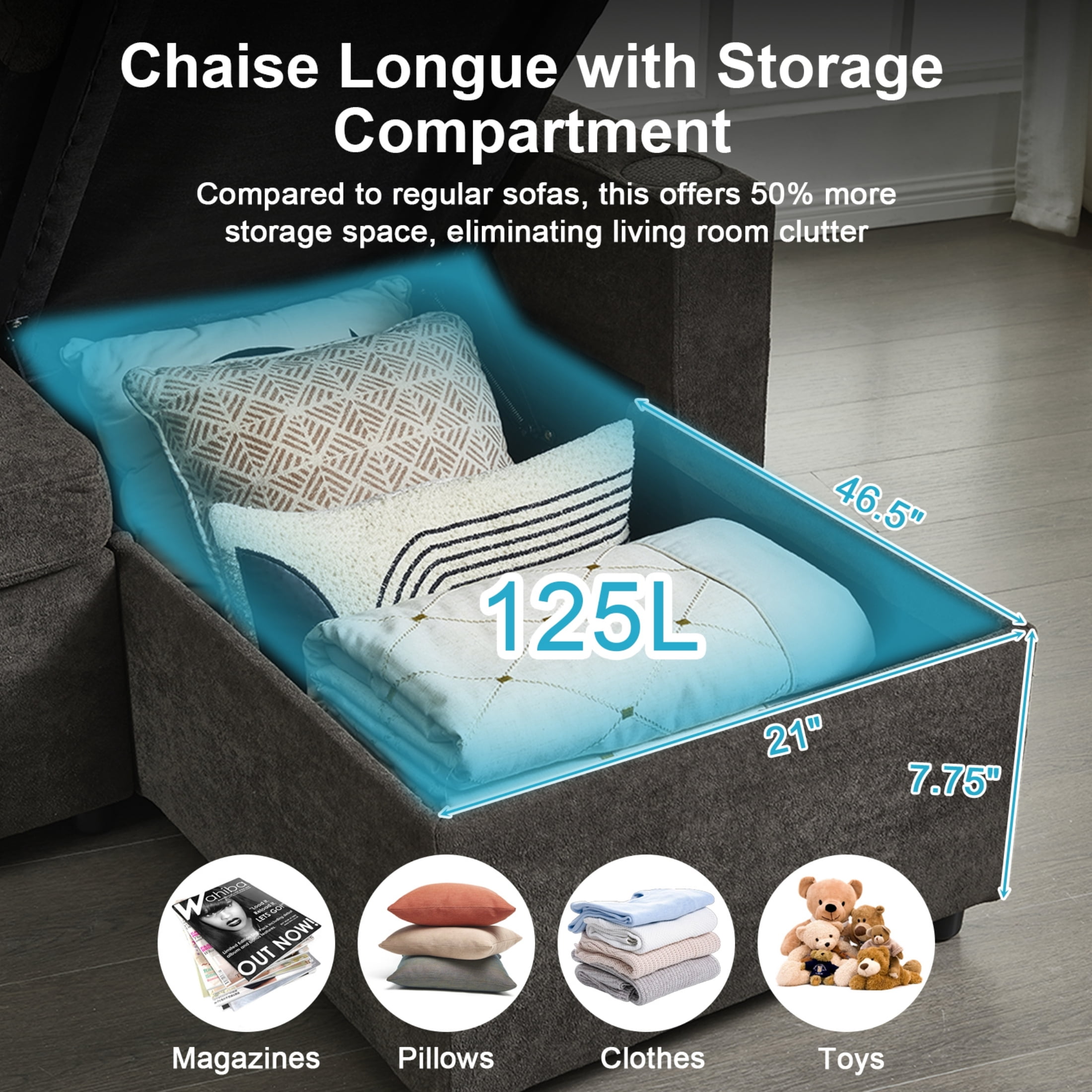 ShiKeyi 82" L Shaped Sleeper Sofa Bed, Sectional Sleeper Couch with Pull Out Bed, 3 Seat Convertible Sofa Bed with Storage Chaise, USB Charging Ports for Living Room, Dark Grey Terry Cloth