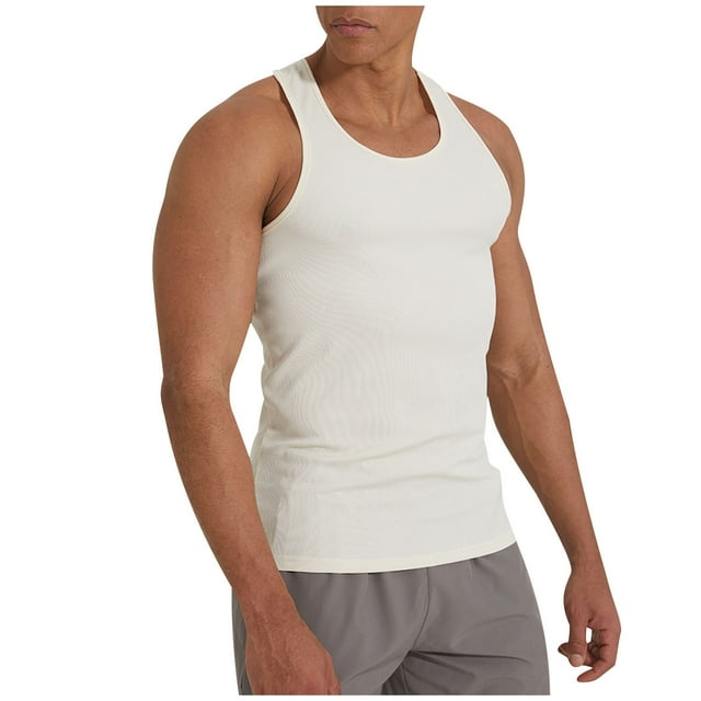 hoksml Men's Solid Color Ribbed Tank High Elasticity Sports Running Pullover Round Neck Fitness Shoulder Strap Muscular Man Tank Top 2025 Summer Clearance