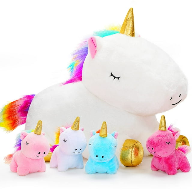 Mamá unicornio de peluche con 4 unicornios bebés para niñas mayores de 3 años