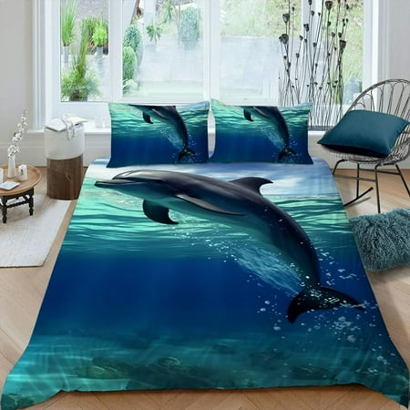 Pratyus Dolphin Underwater Boat 3-Piece Bedding Set Lightweight and Soft Peach Skin Fabric Bedroom Guest Room 87x68in