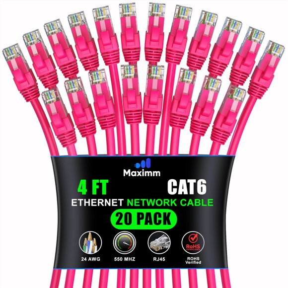Maximm Cat 6 Ethernet Cable 4 ft (20-Pack) - High-Speed LAN Cable Internet Cable Patch Cable and Network Cable - UTP 10Gbps 550MHz Ethernet Cord - Pink