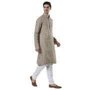 Ethnix Mens Banded Collar All-Over Diamond Print Indian Kurta Tunic Pajama Set; Beige; SM