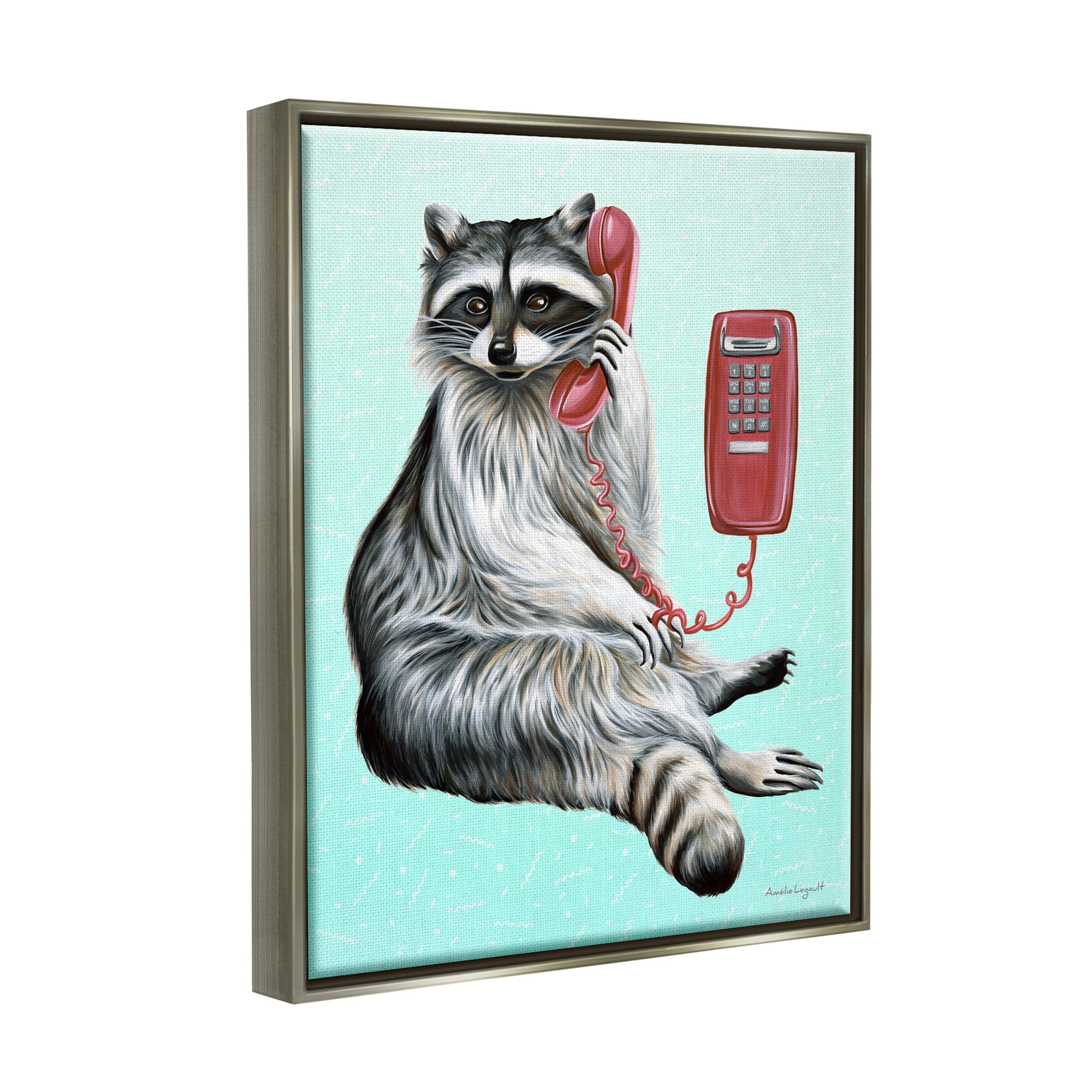 Stupell Industries Raccoon Lounging Cord Phone Vivid Turquoise Background Graphic Art Luster Gray Floating Framed Canvas Print Wall Art, Design by Amelie Legault