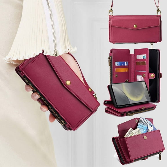 Compatible with Samsung Galaxy S25 Crossbody Wallet Case,Flip Folding Kickstand,With Card Slots,Long Strap&Short Strap,Zipper Pocket,Shockproof Heavy Duty PU Leather Phone Case,Red