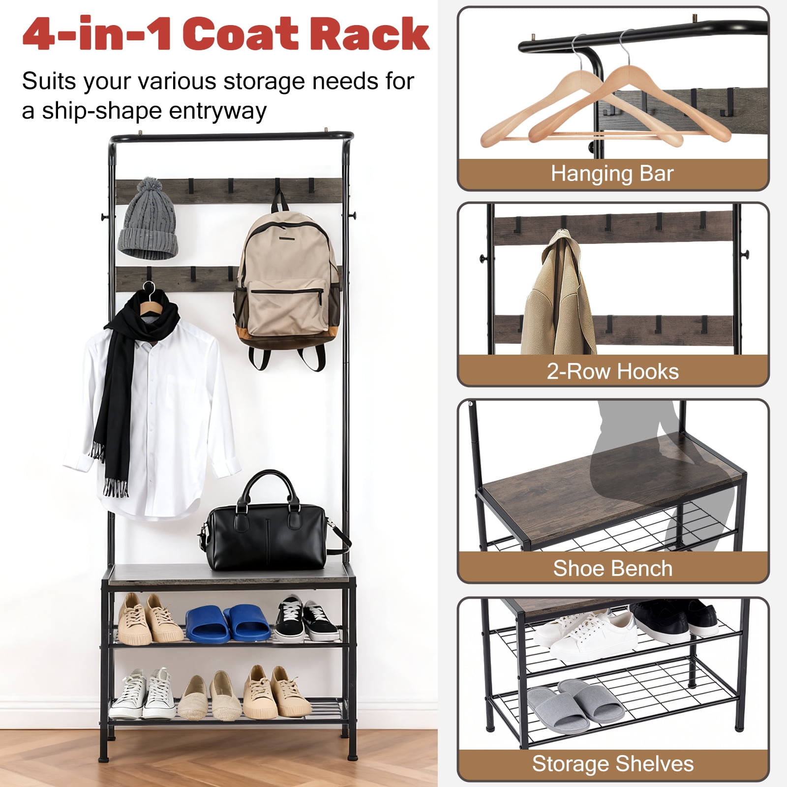 TrumanPick 4-in-1 Coat Rack, Hall Tree with Bench and Shoe Storage, Entryway Bench with Coat Rack, with 9 Removable Hooks & Hanging Rod, 13.3 x 28.3 x 72.1 Inches, Brown