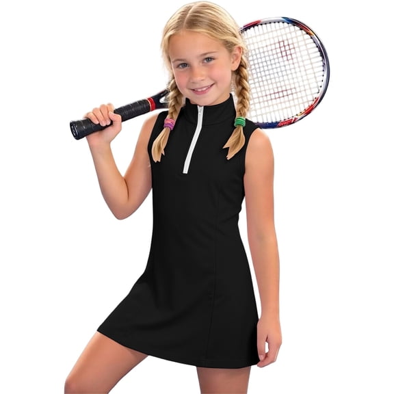 Kiijoy Girls Sleeveless Tennis Golf Dress Solid Stand-Up Collar A Line Dress, Sizes 4-15