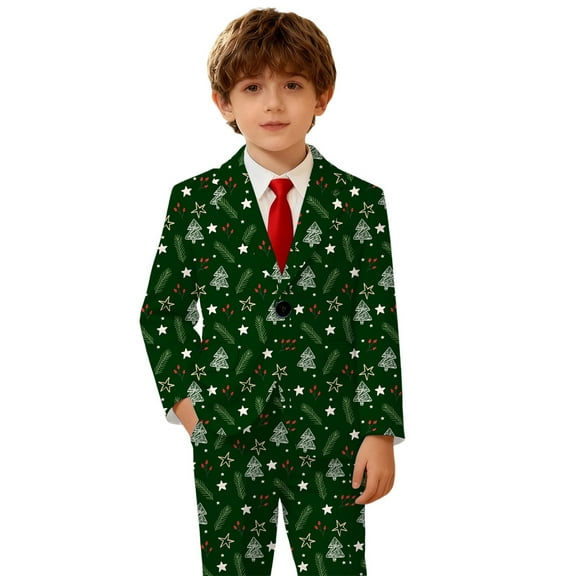 Tisuna Little Boys Christmas Suit Jacket Cartoon Print Long Sleeve Lapel Neck Coat Fashion Comfortable Autumn Winter Boys Outerwear Green Size 3-4 Years