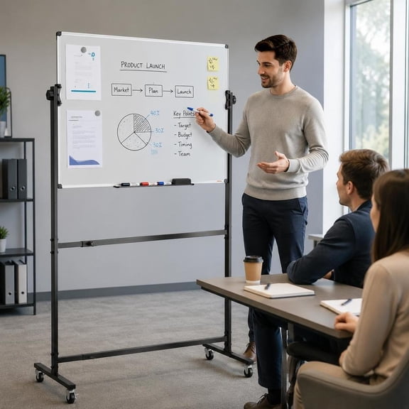 Rolling Magnetic Whiteboard, 36X24 Inch Double-Sided Mobile Dry Erase Board with Wheels and Adjustable Height