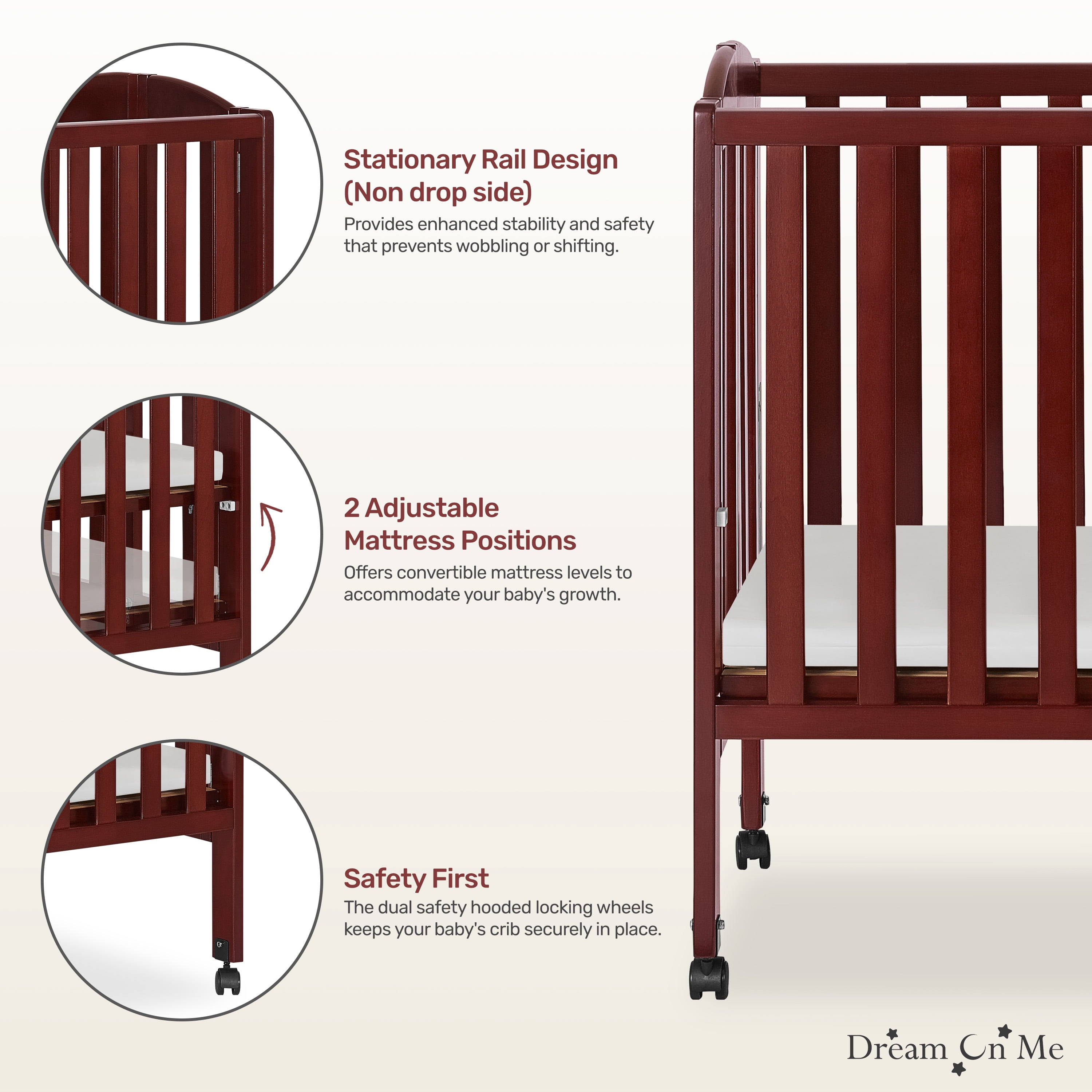 Dream On Me 2-in-1 Folding Portable Mini Crib, Cherry