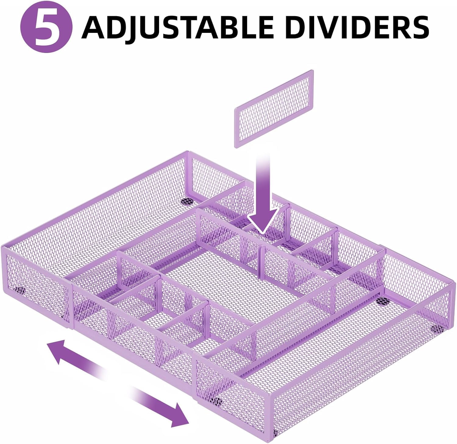 Expandable Desk Drawer Organizer, Mesh Drawer Organizer Tray with 10 Adjustable Compartments, Desk Organizers and Accessories for Office Supplies, Makeup & Vanity (Expandable-Purple 2 pack)