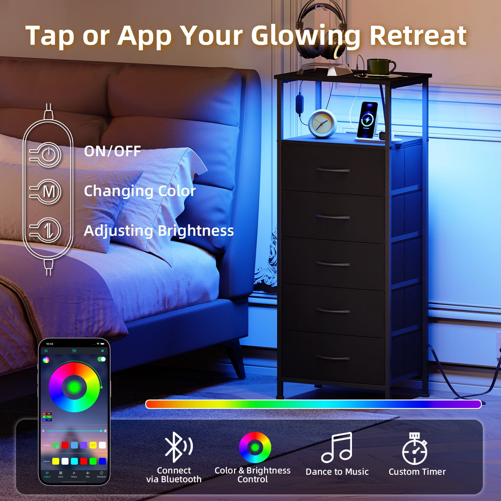 Eunos Black Dresser for Bedroom, 5 Drawer Nightstand with Charging Station, LED and Open Shelf