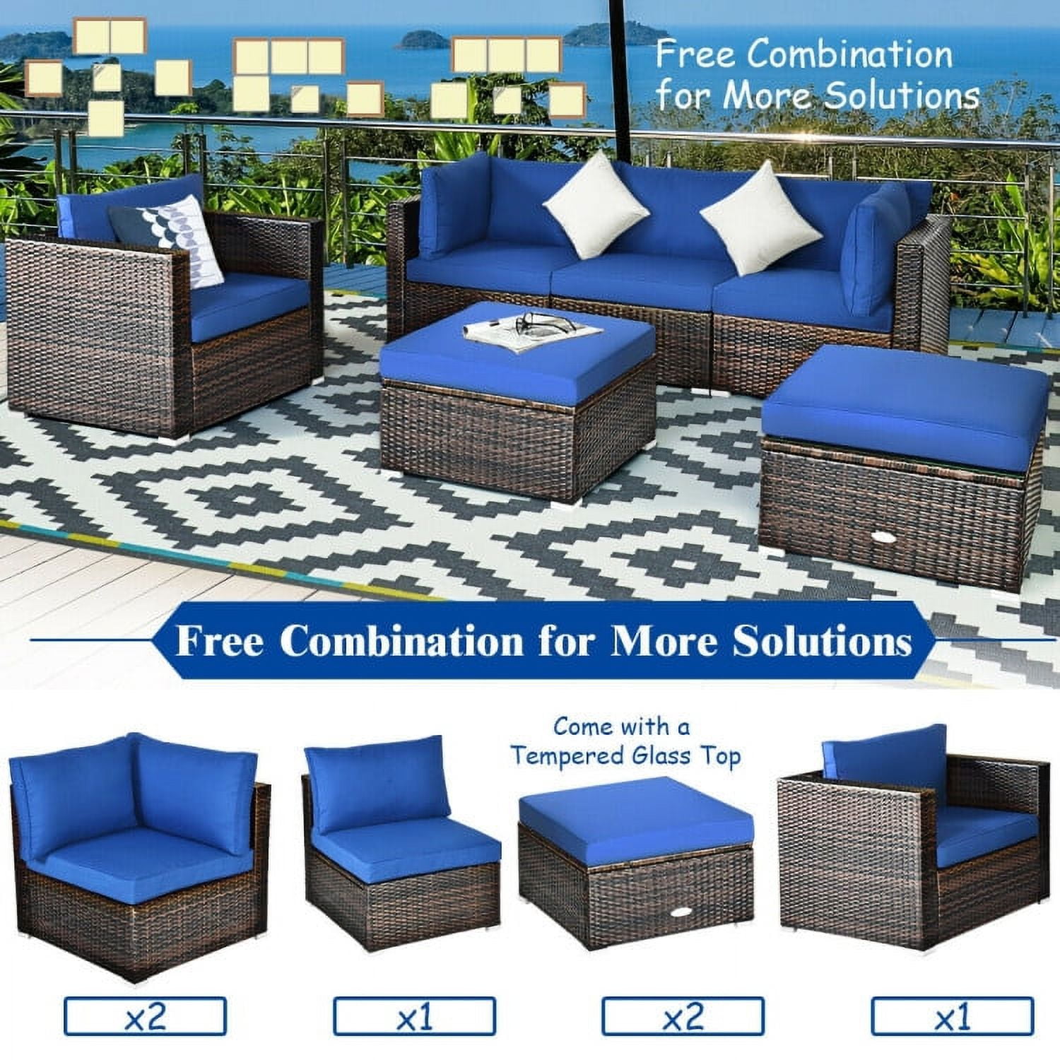 Aimee Lii 6 Pcs Patio Rattan Furniture Set with Sectional Cushion, Outdoor Deck Furniture, Blue Aimee Lii 6 Pcs Patio Rattan Furniture Set with Sectional Cushion, Outdoor Deck Furniture, Blue