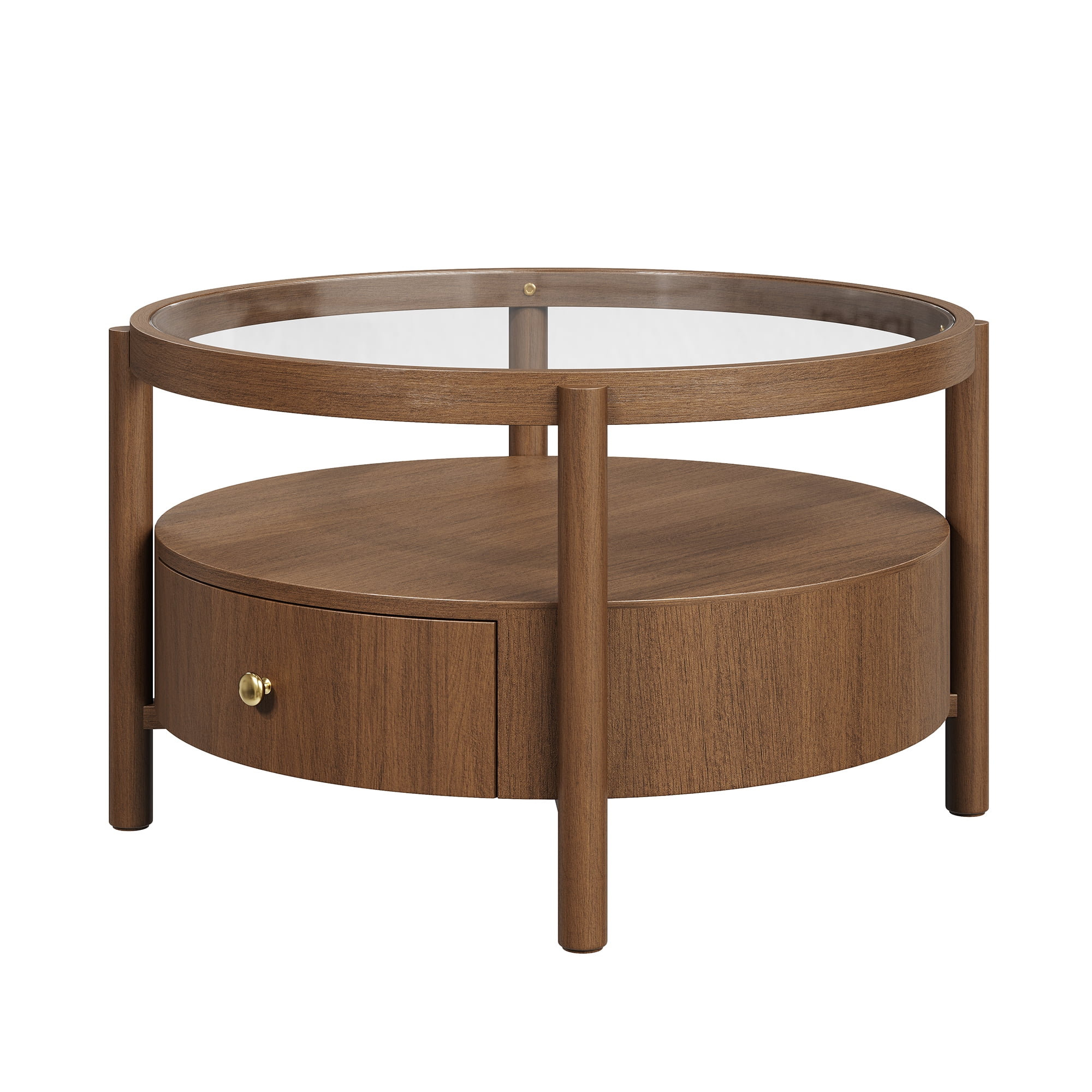 29.5-Inch Round Glass Top Coffee Table with Storage Drawer and 2-Tier Design, Mid-Century Modern Center Table and Cocktail Table for Living Room, Walnut