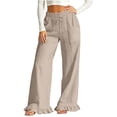thumbnail image 5 of Women's Cotton Linen Loose Straight Elastic Waist Pants with Pockets, Mid Waisted Ruffle Hem Casual Long Trousers, Lounge Business Casual Outdoor Wear | VerBelle,Khaki M, 5 of 9