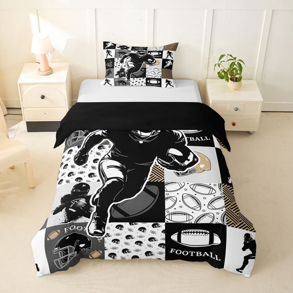 Feelyou Patchwork Football Twin Duvet Cover for Boys, Gold Grid Sport Twin Bedding, Black Reversible, 2pcs, 1 Duvet Cover and 1 Pillowcase