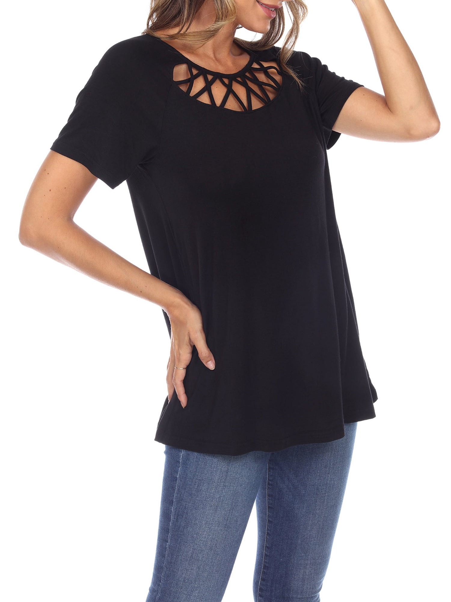 White Mark Women's Crisscross Neck Short Sleeve Top