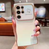 Case for Samsung Galaxy S25 Plus, Curly Wave Shape Plating Frame Cute Love Heart Cover for Girls Women, Full Camera Lens Protection Soft Durable TPU Shockproof Case for Galaxy S25 Plus, White
